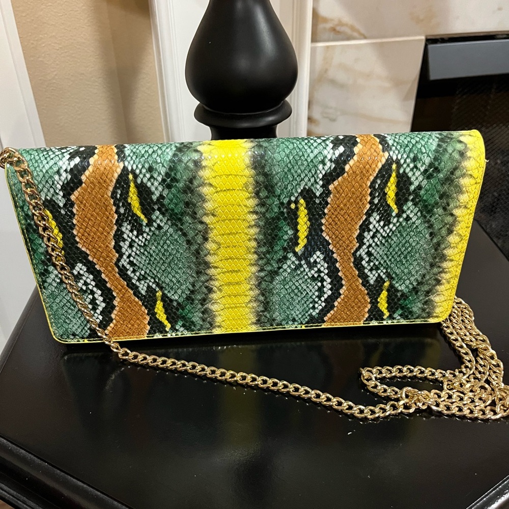 Multicolor Snake Print Clutch with Chain Strap